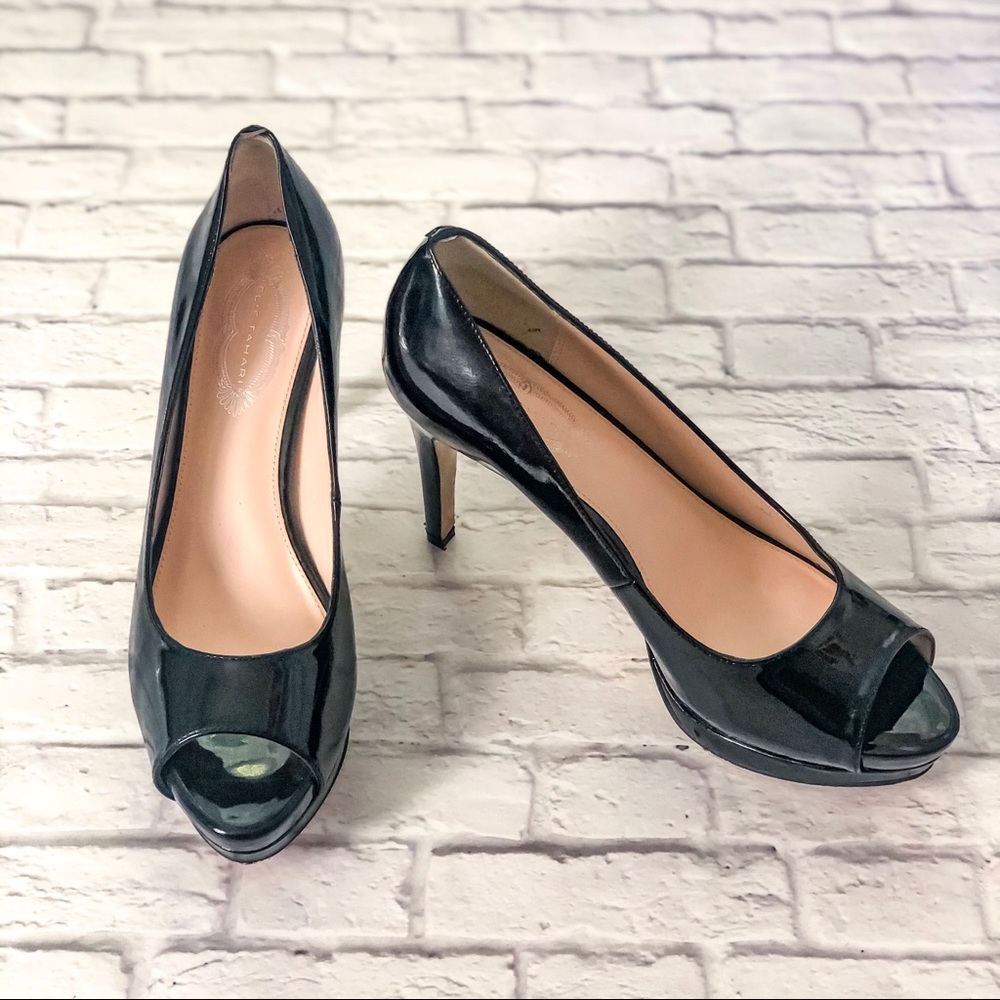 Elie Tahari Peep Toe Patent Leather Black Heels